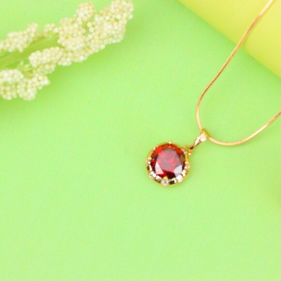 "Round Red Pendant with Crystal Halo in Gold Finish Setting, XPPT1651 - Picture 12 of 13